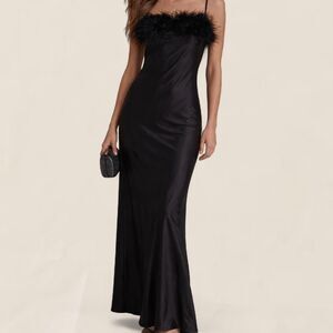 Lucy Paris Black Feather Trim Silky Maxi Dress XS Party Glam wedding guest
